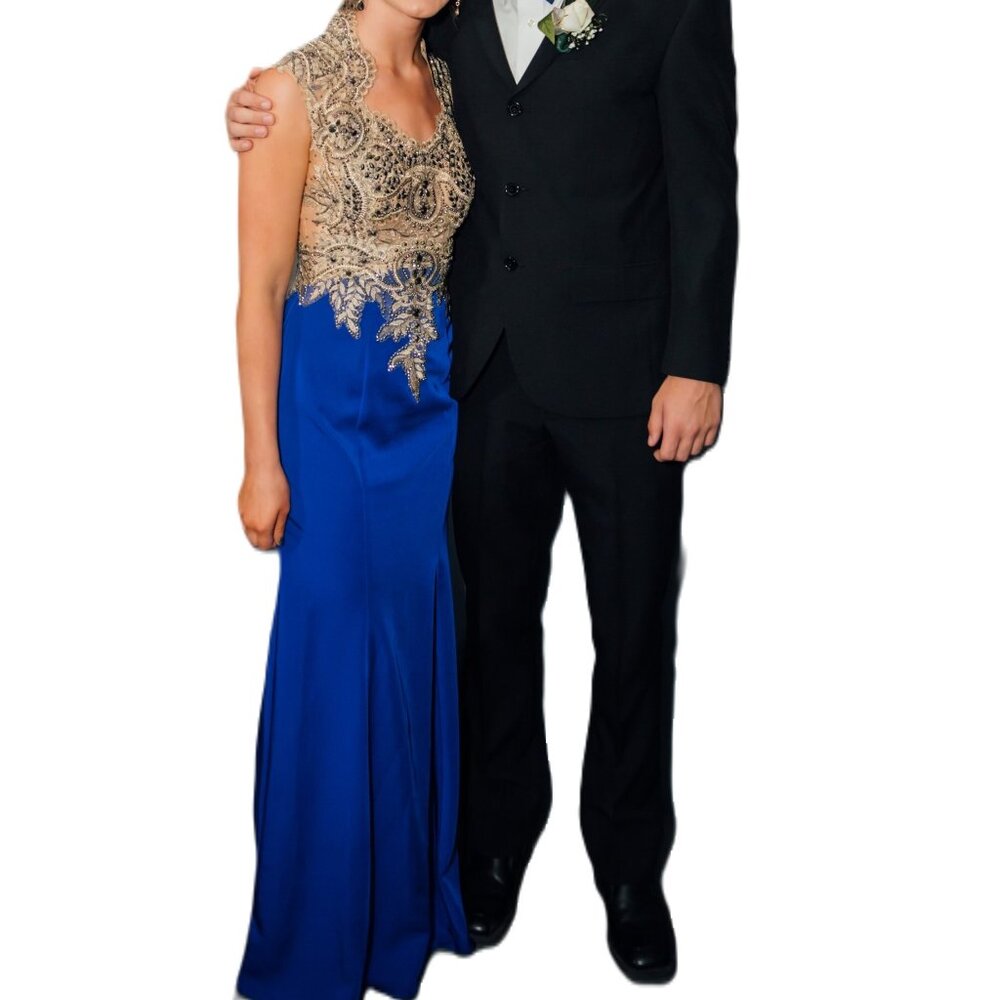 Anny Lee Full Length Formal Prom Dress Gown Blue/Gold Size Small